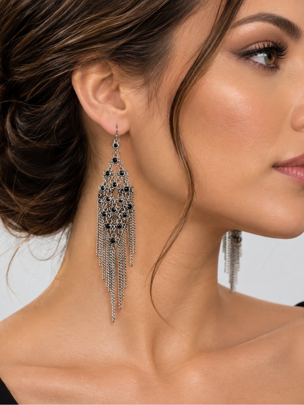 Fashion Jewelry Silver Chandelier Earrings with Black Stones